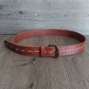 AEO American Eagle Outfitters Studded Brown Leather Novelty Stitch Belt 40" Long